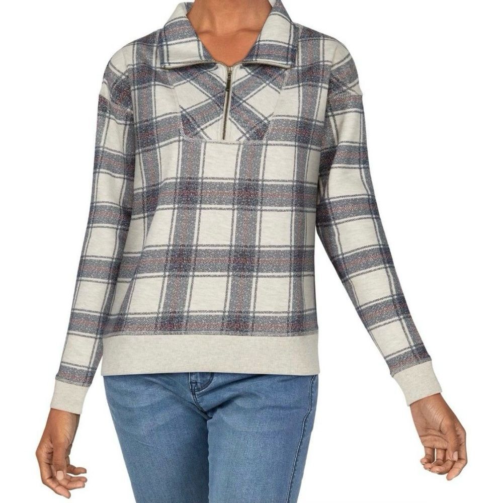 Natural Reflections Long Sleeve Plaid Half Zip Pullover Sweatshirt. Medium.
